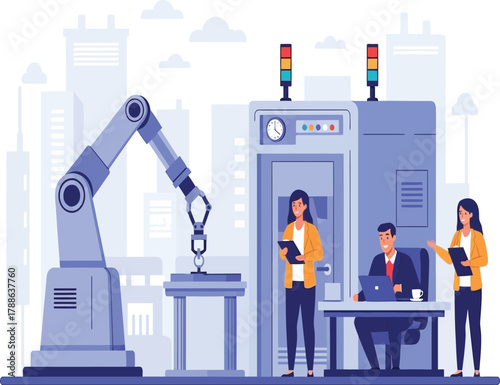 Industry and automation a team of engineers collaborates to oversee robotic arms working on a production line, ensuring precision and efficiency