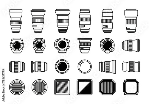 A comprehensive set of camera lens icons presented in a clean line art style, showcasing various perspectives for photography and videography equipment graphics