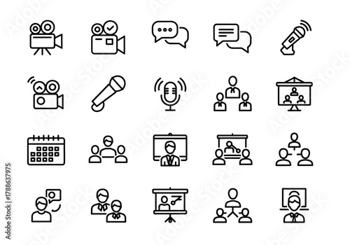 Vector icon pack for business communication, including symbols for webinars, conferences, online meetings, and public presentations