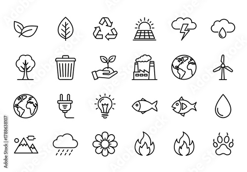 Comprehensive set of thin line icons representing ecology, sustainable energy, nature, and environmental conservation concepts