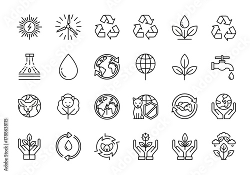 A detailed collection of line art vector icons symbolizing ecology, renewable energy, sustainability, and environmental protection concepts