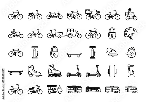 Set of thin line icons for urban transportation and personal mobility. Vector symbols for bicycle, scooter, skateboard, and eco-friendly travel concepts