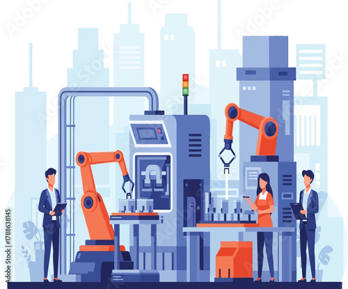 Industry and automation illustration with robotic arms, factory workers, and modern machinery