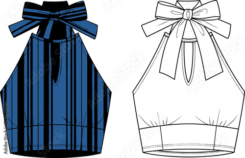 Halter crop top vector illustration, striped fabric with bow tie neckline, keyhole front detail, fitted bodice design, fashion garment sketch template