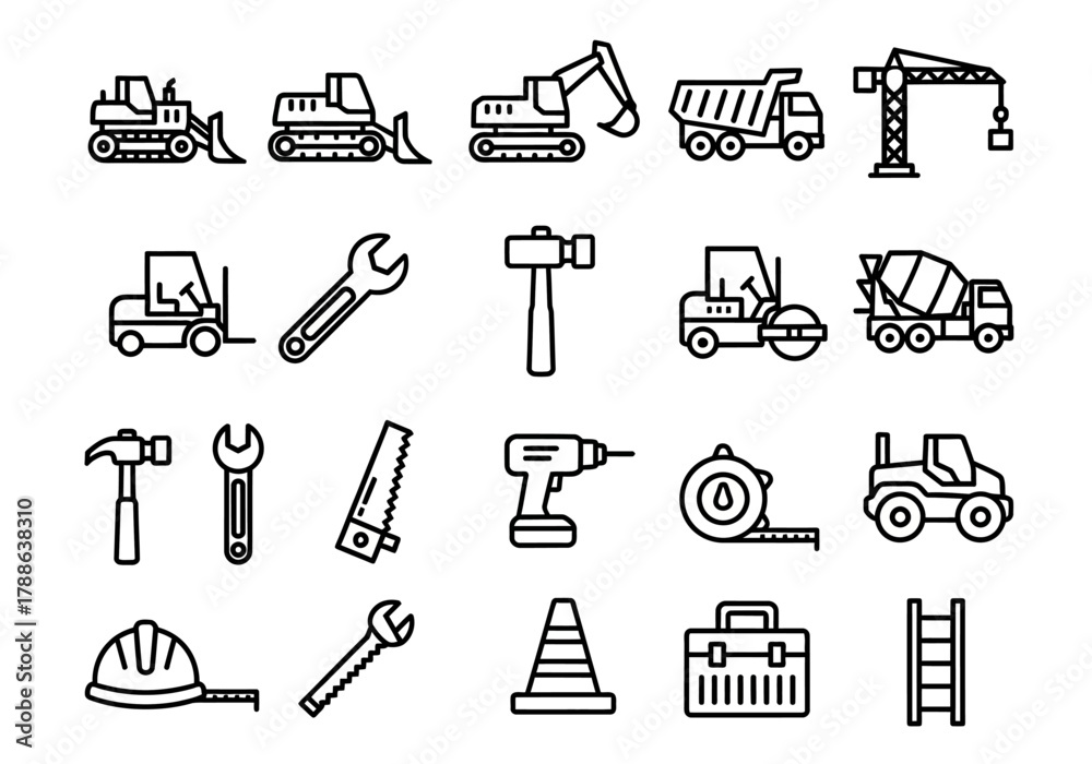 Obraz premium Set of thin line construction icons. Building equipment, heavy vehicle, and repair tool symbols collection. Vector graphic elements for industrial design