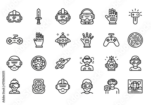 Set of line icons representing virtual reality, gaming, and future technology concepts for digital interfaces and metaverse design