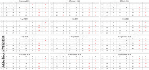 2026 Calendar Grid with Monthly Layouts and Highlighted Dates vector illustration