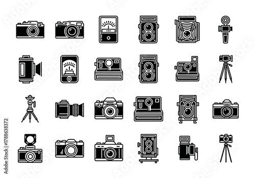 Pixelated glyph icon collection showcasing various photographic equipment. A set of vintage analog, modern digital, and instant cameras with tripods
