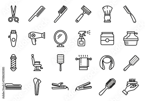 A professional collection of linear icons representing barbershop tools, hairdressing equipment, and salon grooming accessories