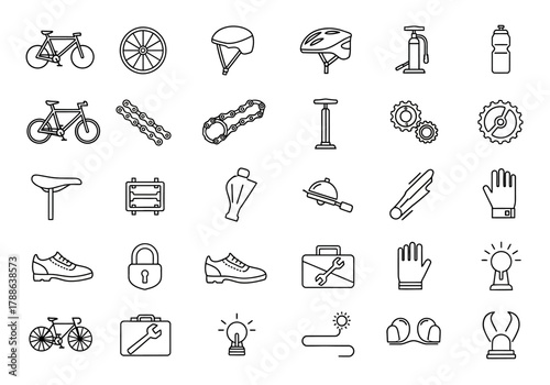 A comprehensive collection of line art icons representing various bicycle parts, cycling gear, and repair tools