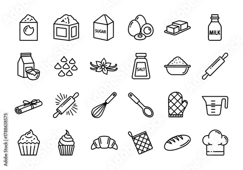 A set of outline icons for baking and cooking, featuring essential ingredients, kitchen tools, and pastry symbols for culinary design