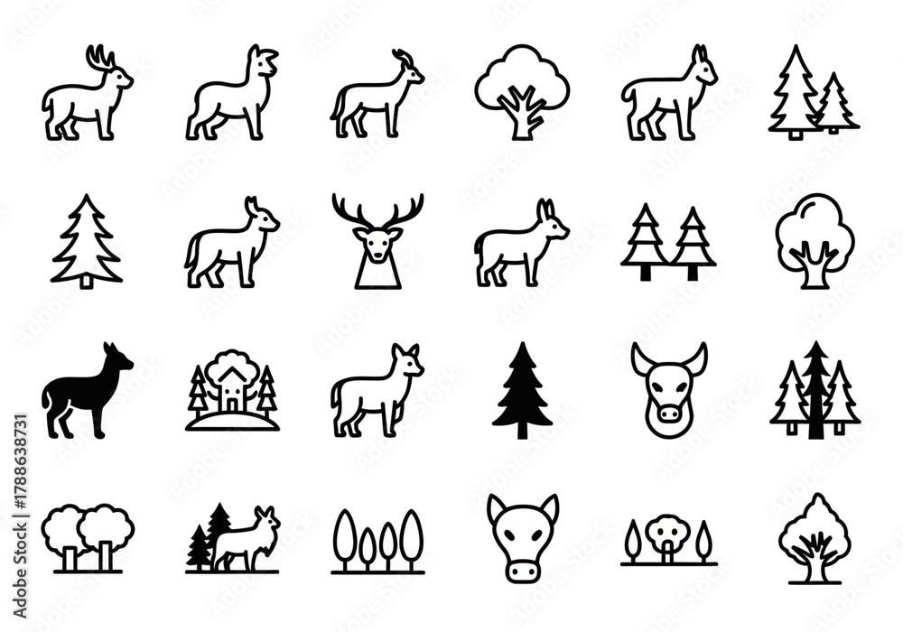 Fototapeta premium Set of wild forest animals and nature line icons, including deer, stag, elk, and trees. Simple vector graphic symbols for wildlife concepts