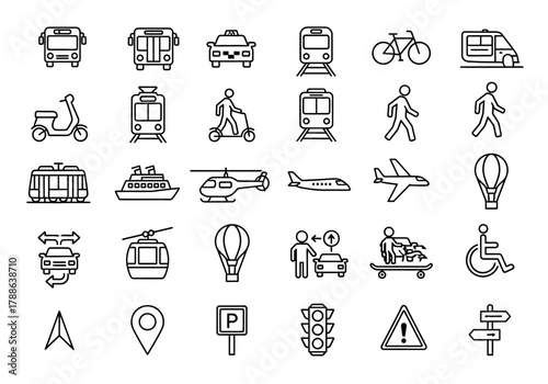 A diverse collection of thin line transportation icons representing public and personal mobility, including travel and navigation symbols