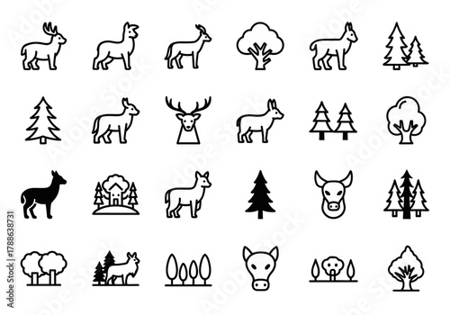 Set of wild forest animals and nature line icons, including deer, stag, elk, and trees. Simple vector graphic symbols for wildlife concepts