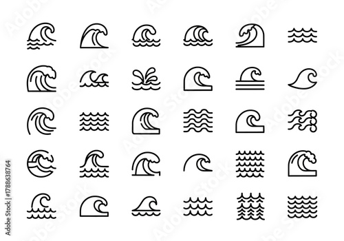 Set of wave line icons. Collection of simple ocean, sea, and water symbols for surf, tide, and aquatic elements. Vector graphic design illustration