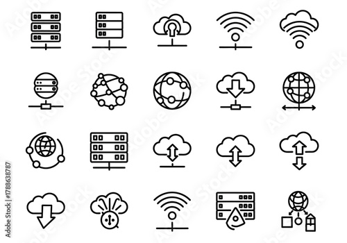 Set of line icons for technology, illustrating concepts of cloud computing, data servers, network hosting, and global internet connection