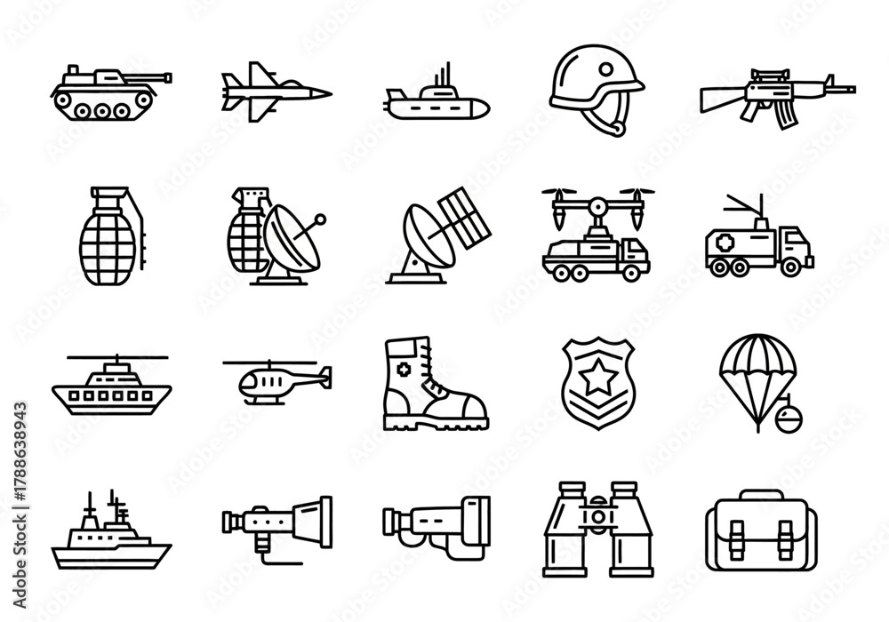Fototapeta premium Vector icon set of armed forces and defense symbols. Outline illustrations of military transportation, weapons, and technology