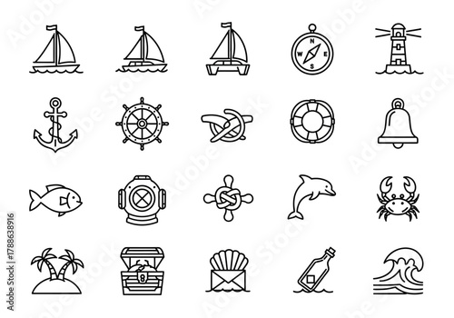 Set of nautical line icons with sailboat, anchor, lighthouse, and marine life symbols. Vector collection for sea travel and adventure themes