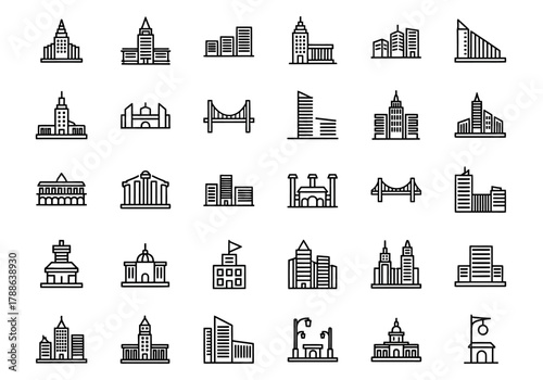 Set of city building and architecture line icons. Collection of urban landmarks, government buildings, and modern skyscrapers for graphic design