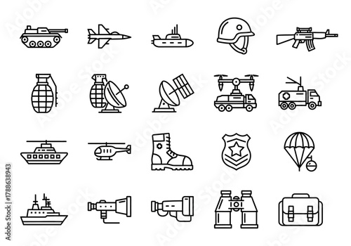 Vector icon set of armed forces and defense symbols. Outline illustrations of military transportation, weapons, and technology