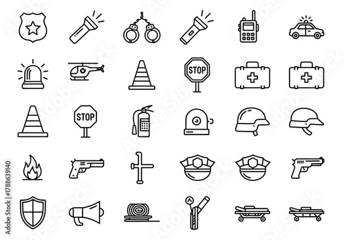 A comprehensive set of police and law enforcement line icons. This collection includes vector symbols for security, emergency services, and justice concepts