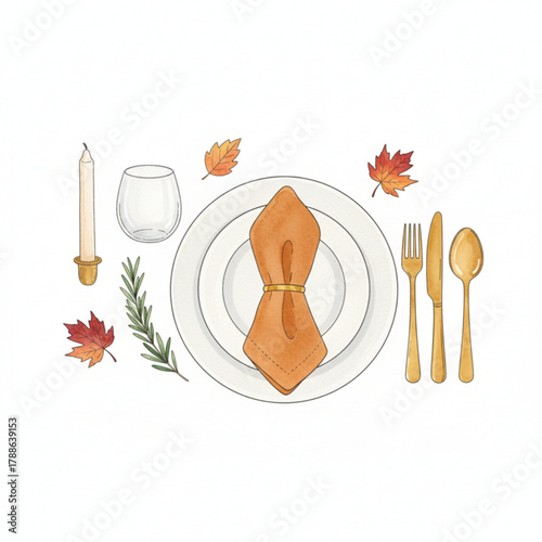 A simple and elegant Thanksgiving table setting with a candle, plate, orange napkin, and gold cutlery decorated with autumn leaves.