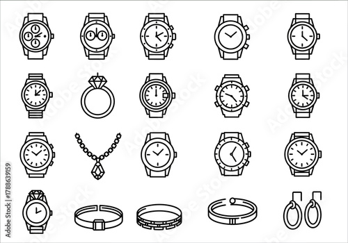 Luxury accessory and jewelry line icon set. A collection of vector symbols including wristwatches, rings, necklaces, bracelets, and earrings