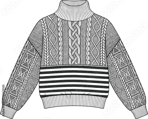 Knitted sweater vector illustration, high turtleneck ribbed collar, cable and diamond pattern design, striped midsection detail, fashion garment technical sketch