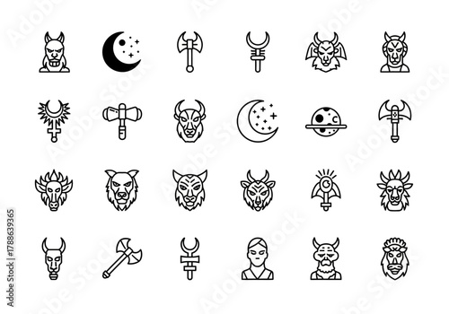 Collection of fantasy mythology line icons with mythical beasts, barbarian warriors, and ancient weapons. Vector graphic symbols set