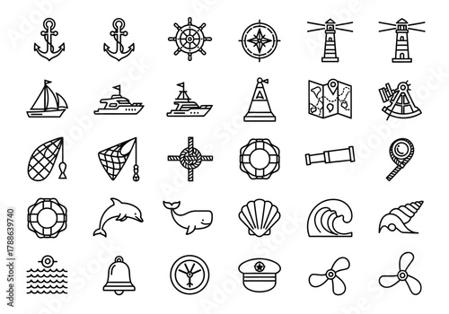 Set of nautical line icons featuring sea and sailing symbols. Vector collection of maritime elements like anchor, boat, and lighthouse for design erty (139)