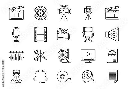 Creative vector collection of filmmaking and video production line icons. Set of cinema symbols for editing and media design projects