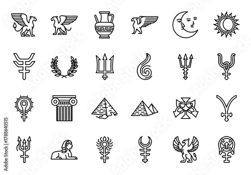 Collection of ancient civilization symbols and mythological icons in a clean linear style. Vector graphic set of Greek, Roman, and Egyptian elements