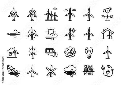 A comprehensive set of outline icons representing wind power and renewable energy sources, including symbols for turbines, windmills, and clean electricity