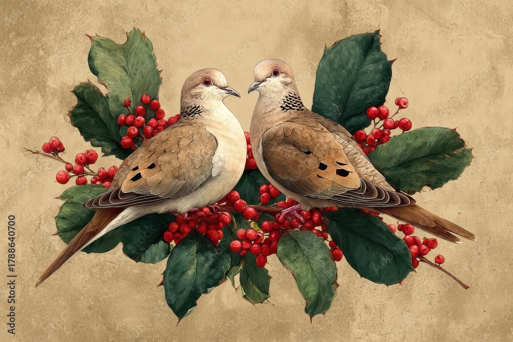 Naklejka premium Artistic Representation of Two Turtle Doves Celebrating the 12 Days of Christmas