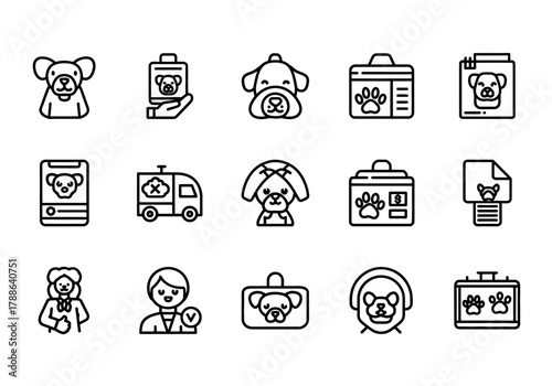 Collection of line icons representing veterinary medicine and pet healthcare. Includes symbols for animal clinic, dog care, and vet services