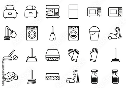Outline icons of home appliances and cleaning supplies. A vector collection of symbols for housekeeping, kitchen electronics, and janitorial equipment