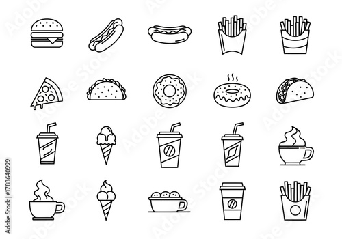 Vector icon set of fast food and drink outline symbols. Collection includes hamburger, pizza, fries, soda, and coffee for menu or web design