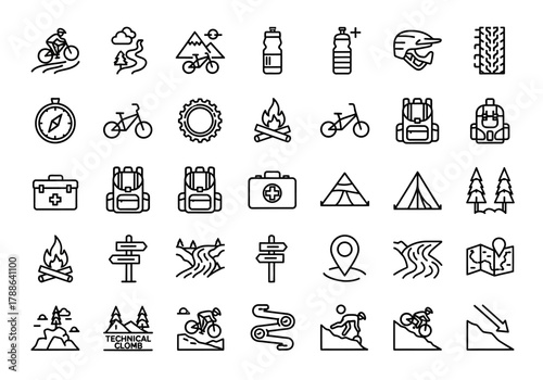 Vector line icon collection of mountain biking gear, camping equipment, and trail navigation symbols for design projects