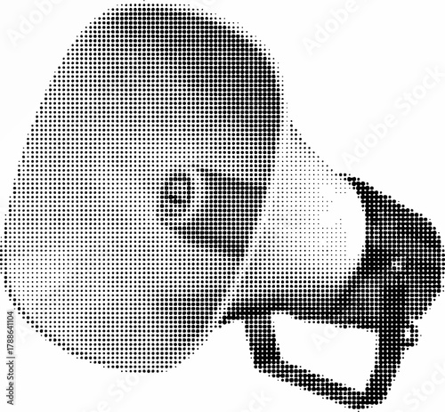 Black and white halftone illustration of a megaphone. Retro pop art design symbolizing communication, announcement, and media voice concept.