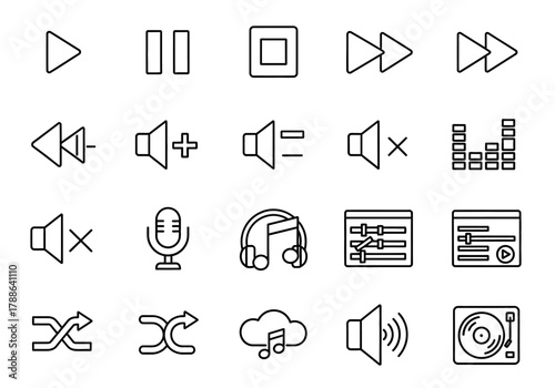Collection of twenty thin line icons for media player interface, including play, pause, volume, and shuffle controls. Vector symbol set for web and mobile applications
