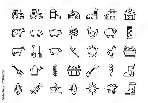 Comprehensive set of agriculture and farming thin line icons. Vector symbols for farm life, livestock, and crops collection 202