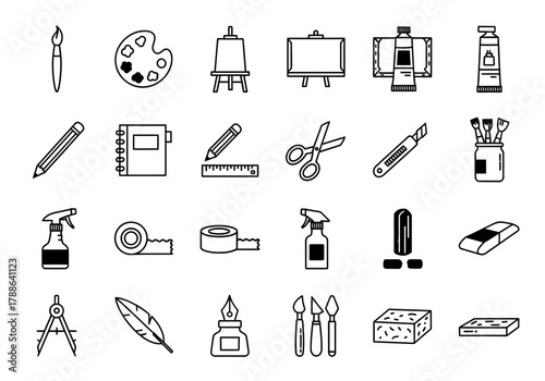 Art and craft supplies icon set featuring tools for painting, drawing, and design. Vector line art collection for creative concepts