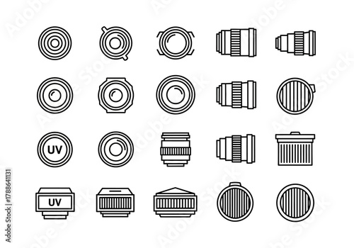 A collection of camera lens line icons. This set of photographic equipment symbols includes zoom, prime,aperture,and lens cap vectors