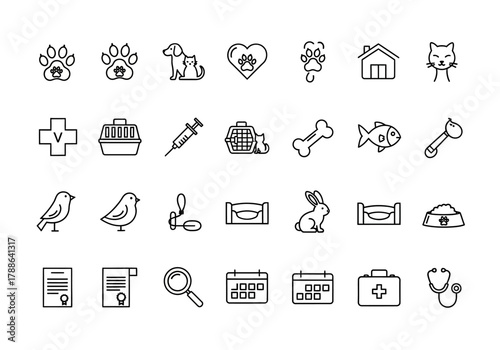 Veterinary clinic and pet care icon collection. Minimalist line art symbols for animal hospital, grooming, and pet shop services vector set