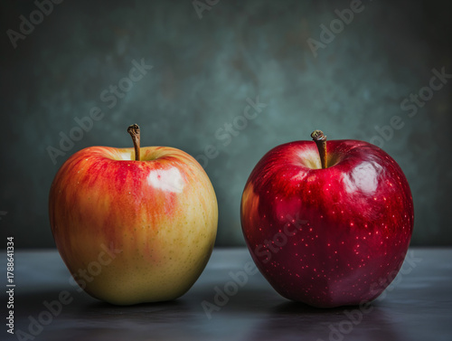 Wallpaper Mural Contrasting Red and Yellow-Green Apples Side by Side on Dark Textured Surface Representing Harmony and Wellbeing Torontodigital.ca