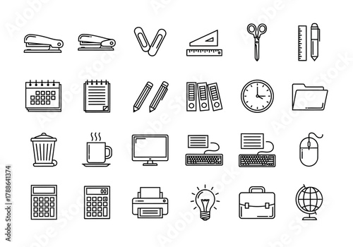 A comprehensive collection of outline office icons representing business stationery and workplace equipment, designed for web and print