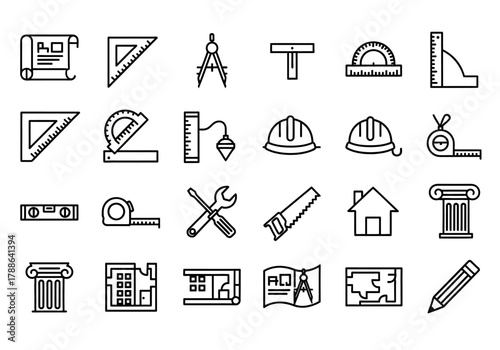 Architecture and construction line icon set. Collection of engineering and building tool symbols for design and drafting projects