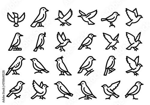 A diverse collection of bird icons in various poses, designed as a simple black line art vector set for creative projects