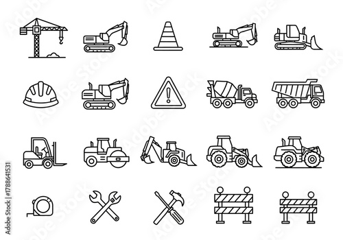 A comprehensive collection of construction industry line icons featuring heavy machinery, work vehicles, and essential building tools as vector graphics