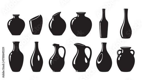 an arrangement of various black vase shapes and sizes displayed in a row offering design flexibility on transparent background silhouette high quality professional detailed modern elegant
